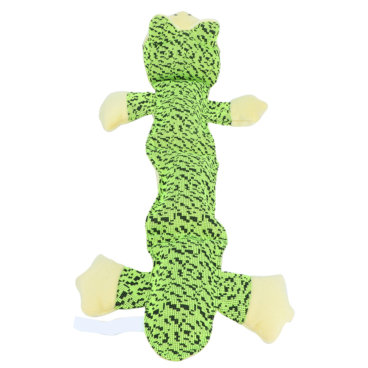 Ein grünes Hundespielzeug in Form eines langen Körpers mit grünem und schwarzem Design.