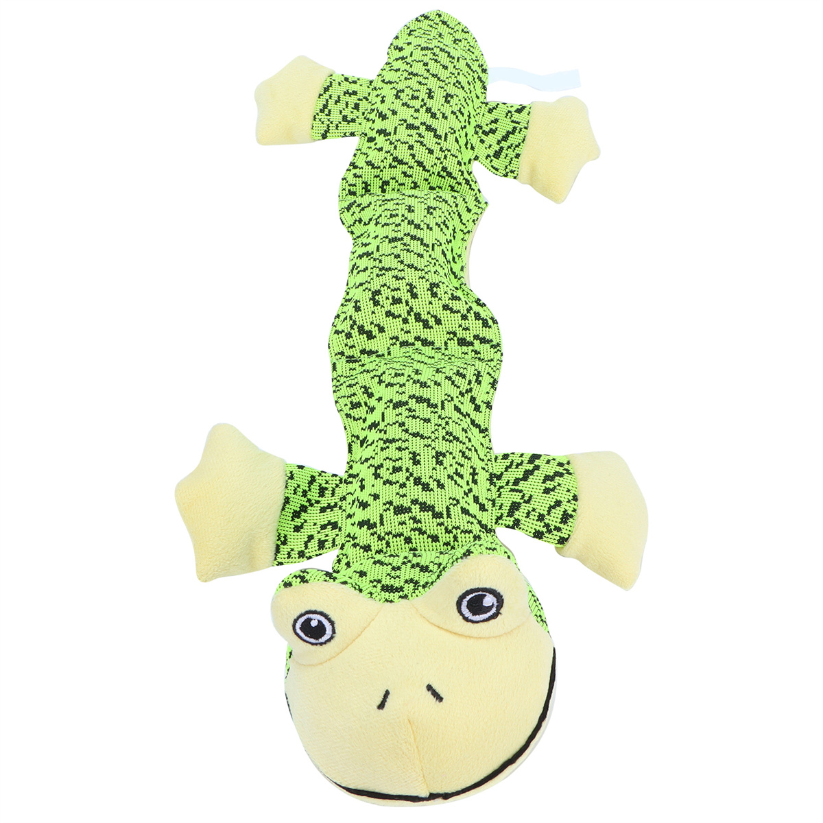 Ein grünes Alligator-Hundespielzeug mit schwarzen Mustern, gelben Augen und gelben Pfoten.