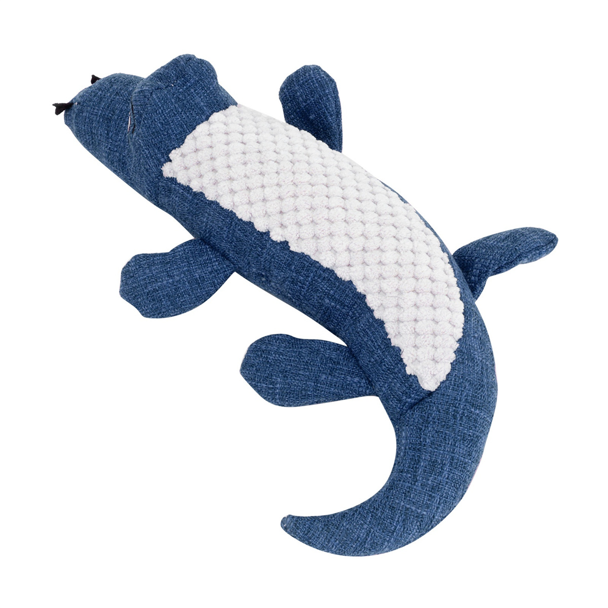 Ein blaues Alligator-Hundespielzeug mit einem weißen, strukturierten Mittelteil. Es liegt auf weißem Hintergrund, nach oben abgewinkelt.