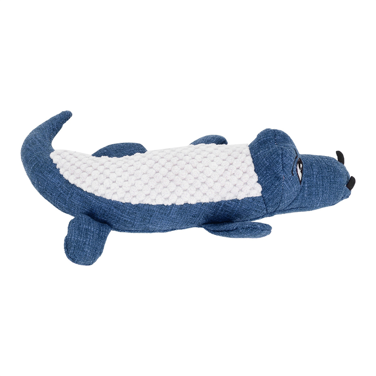 Blaues Alligator-Hundespielzeug mit weißem, strukturiertem Rücken.