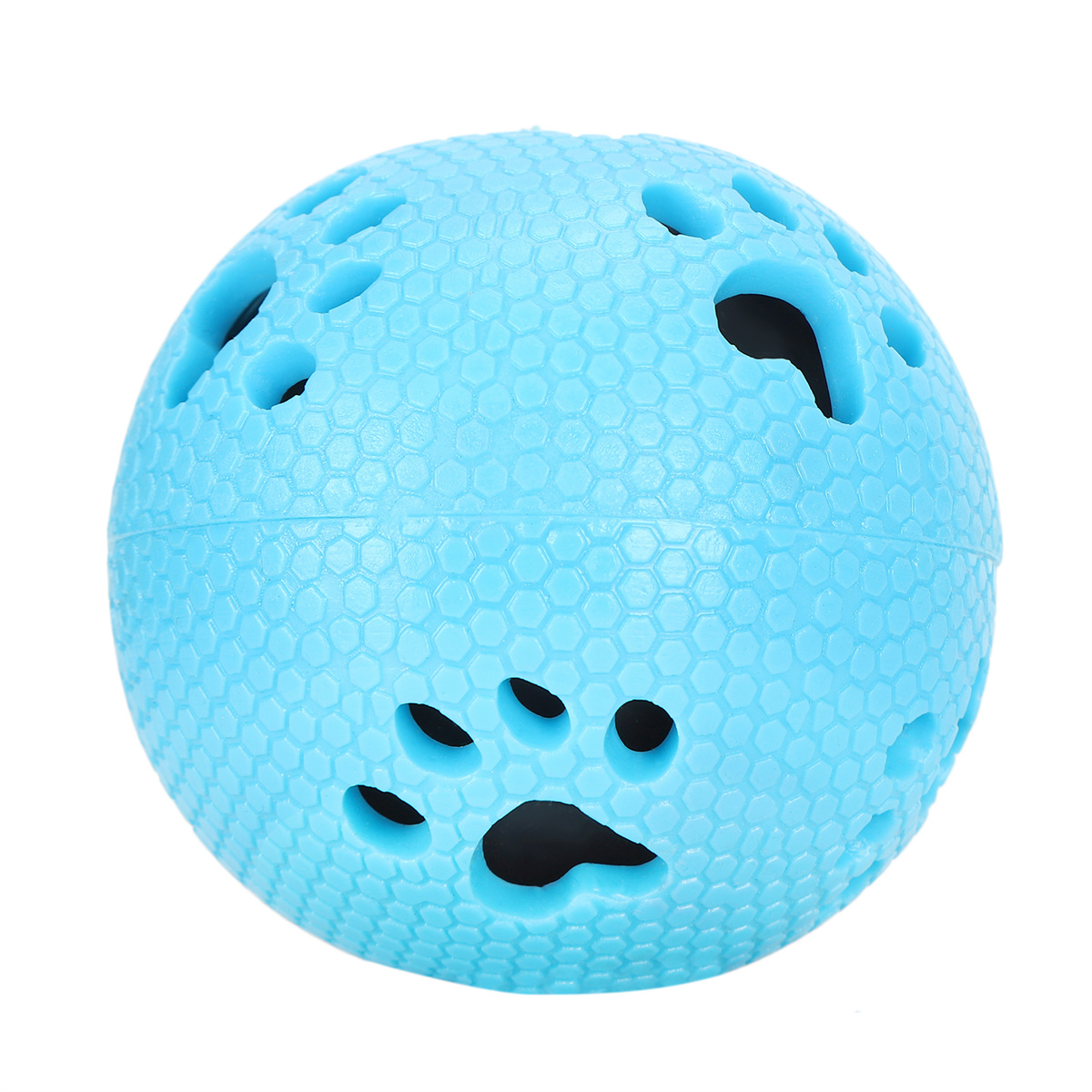 Blauer Ball mit Wabenstruktur und pfotenförmigen Löchern.