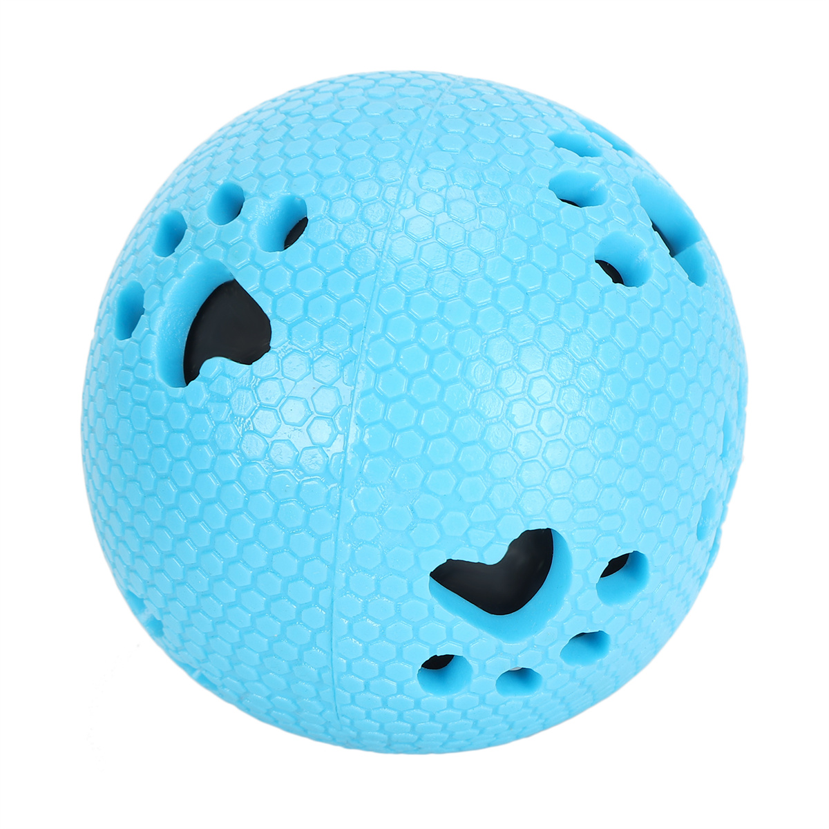 Blauer Ball mit mehreren Löchern, mit Pfotenabdrücken versehen. Die Oberfläche ist strukturiert, mit sechseckigen Mustern.