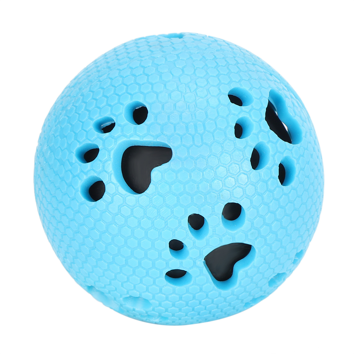 Blauer Ball mit Löchern. Schwarze pfotenförmige Ausschnitte. Sechseckige Textur.
