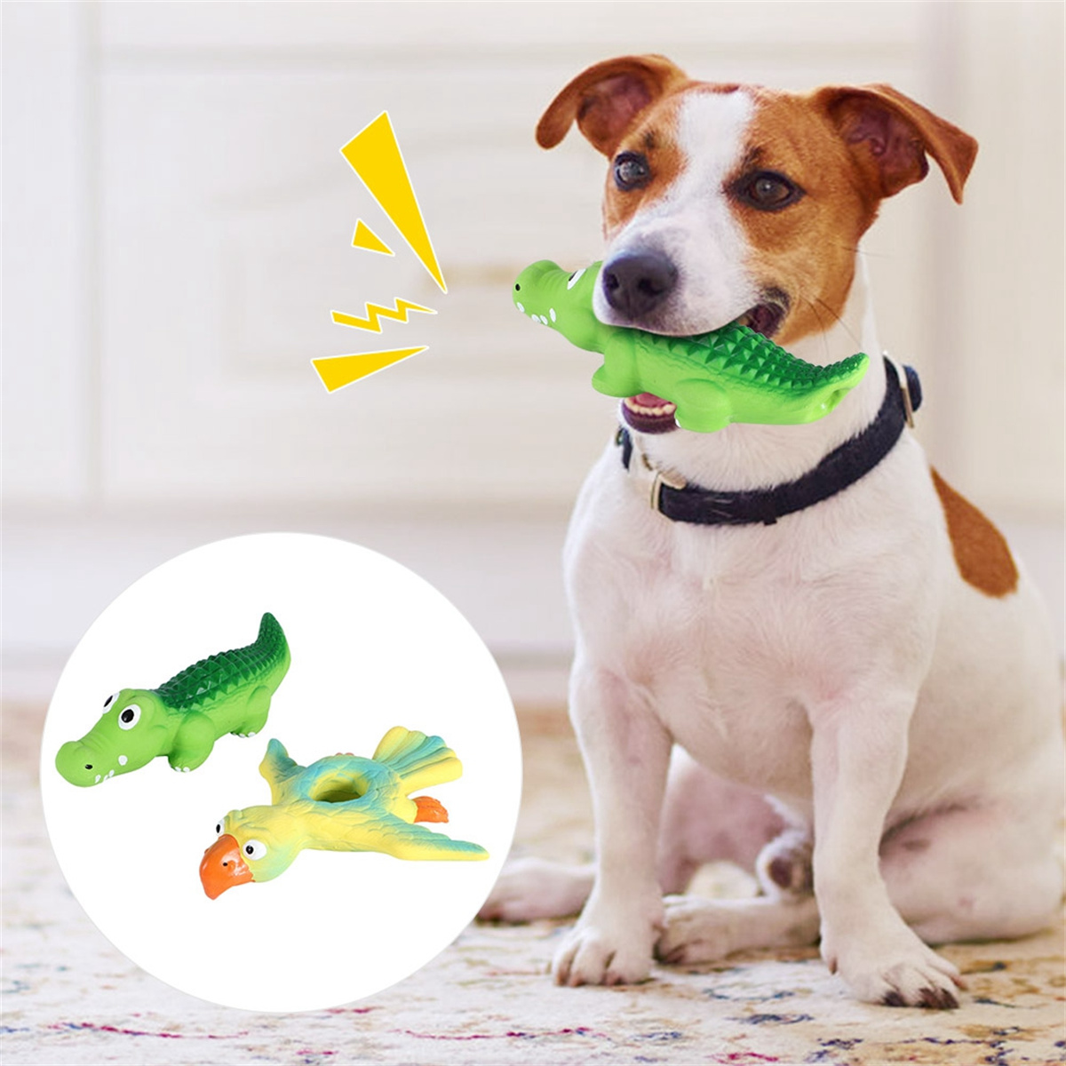 Hund mit Alligator-Spielzeug, ein weiteres Alligator-Spielzeug, ein Vogel-Spielzeug. Gelber Soundeffekt. Hintergrund: Zuhause.
