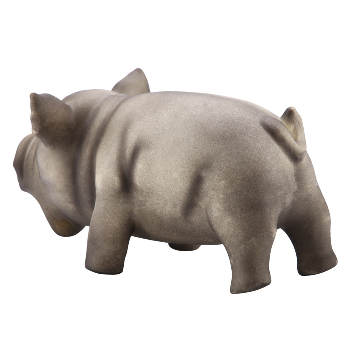Graue Nilpferd-Statue mit rauer Textur. Rückansicht, freigestellt auf Weiß.