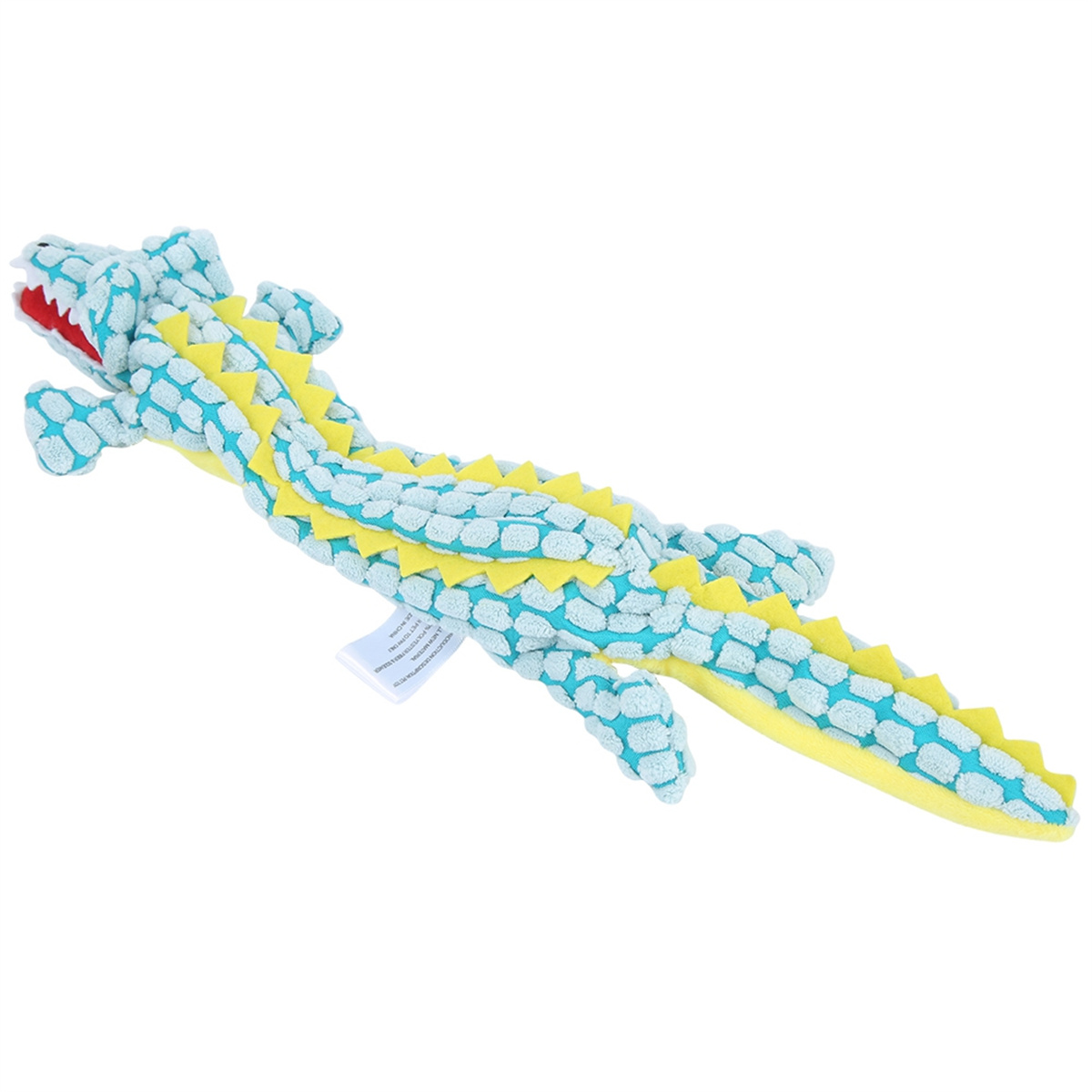 Krokodilspielzeug, blau mit gelben Akzenten, rotes Maul, auf weißem Hintergrund.