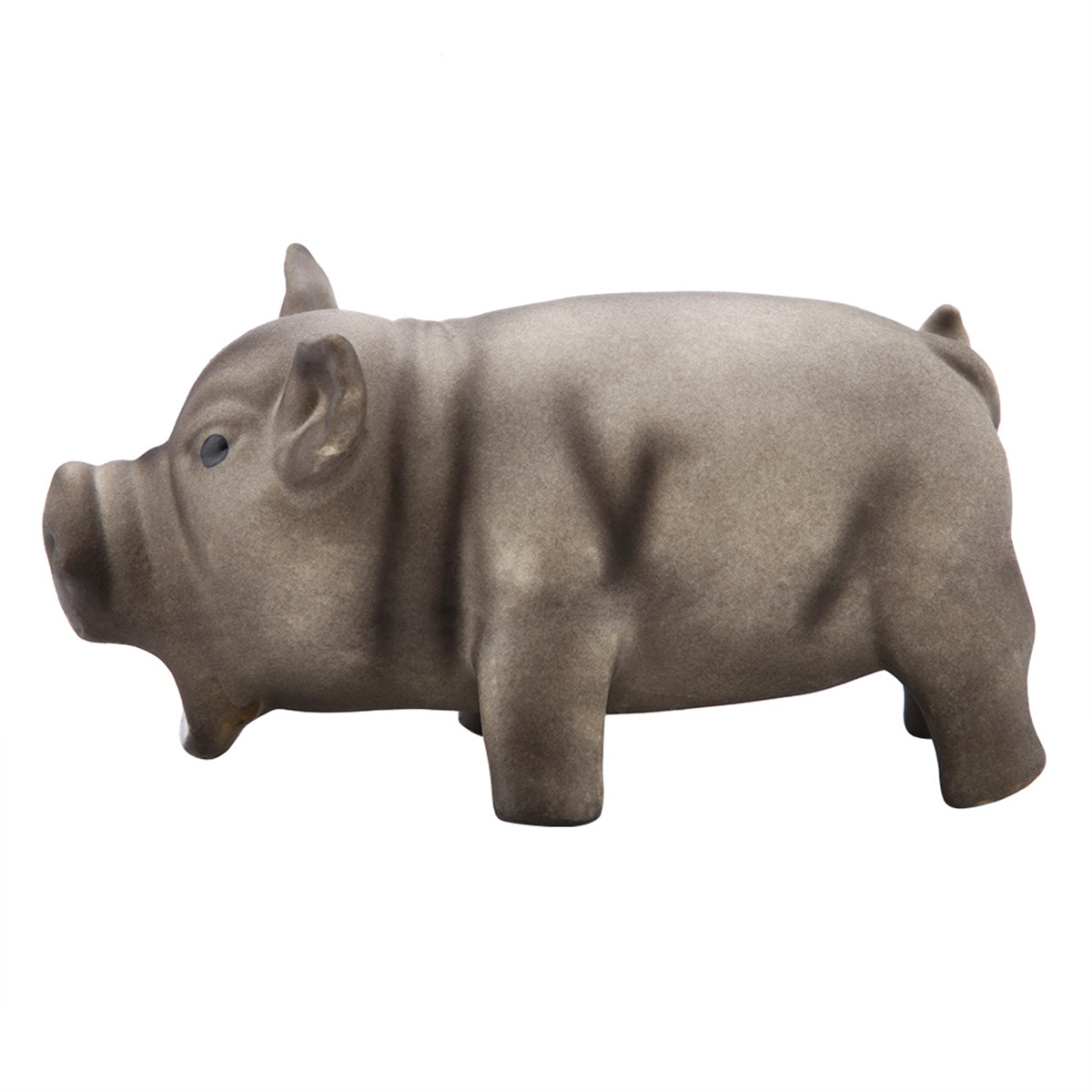 Eine graue Schweinefigur auf weißem Hintergrund, von der Seite betrachtet.