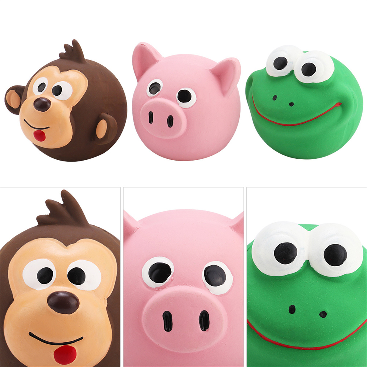 Hundespielzeug in Form eines Affen, Schweins und Frosches. Jedes hat ein Gesicht.