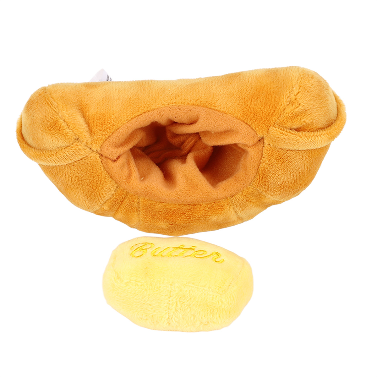 Ein gelbes Plüsch-Brotteil mit Tasche und ein separates gelbes Plüsch-Butterteil.