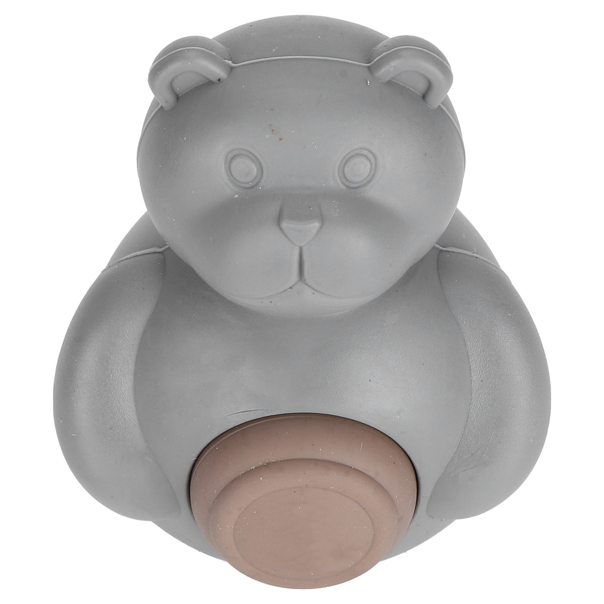 Ein grauer Teddybär-Türstopper mit einer braunen Scheibe am Boden für Stabilität.