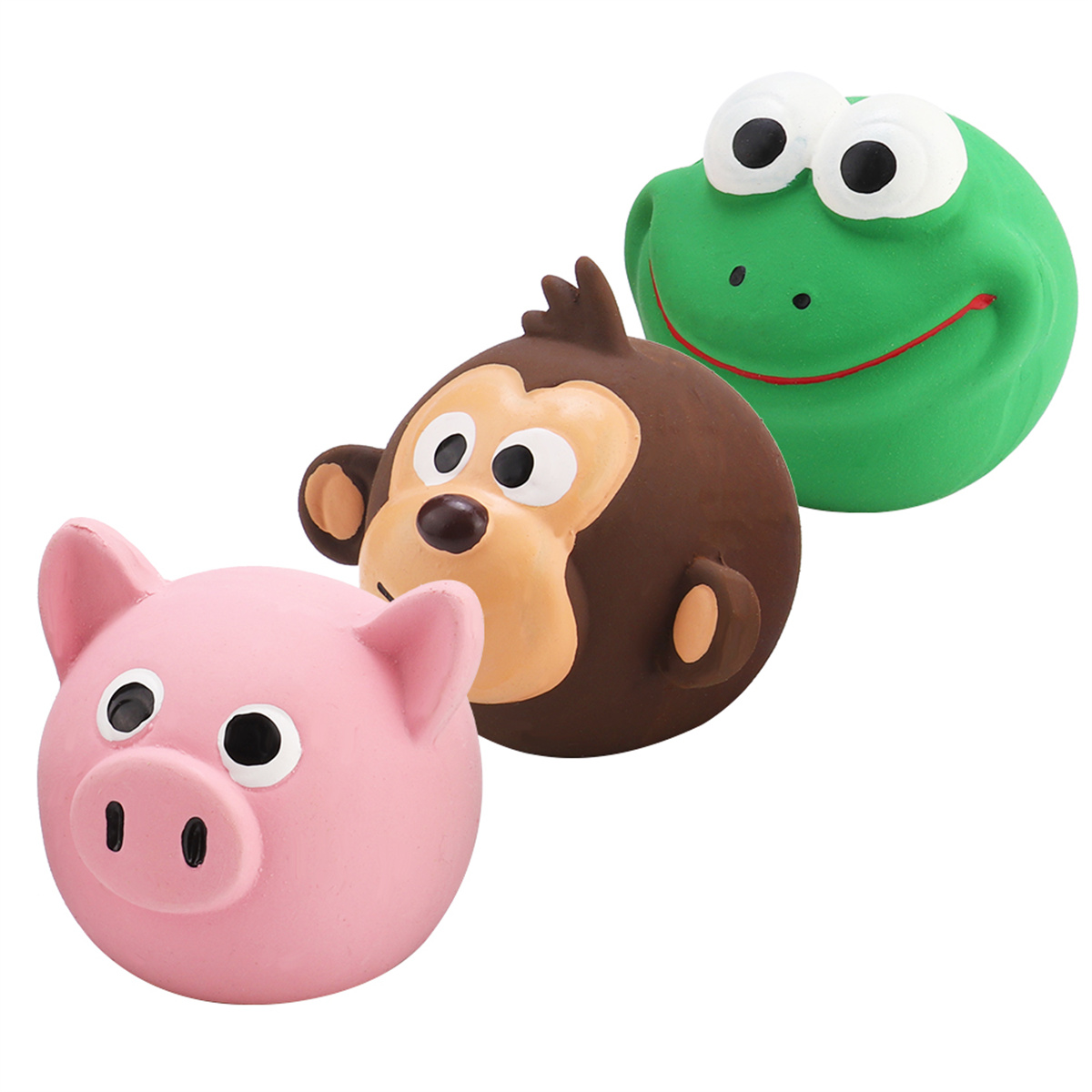 Drei Tier-Spielzeuge: Schwein, Affe und Frosch. Jedes ist rund und farbenfroh.