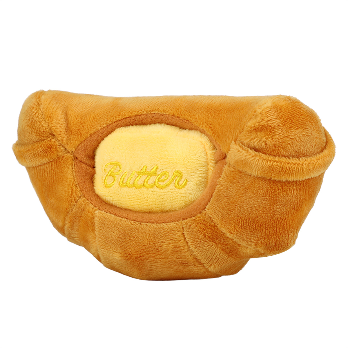 Ein braunes Plüschtier in Brotform mit gelbem Buttereinsatz und der Aufschrift 'Butter'.