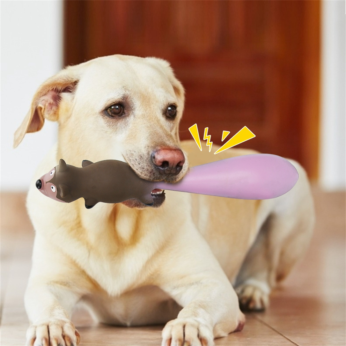Ein Hund mit einem Spielzeug im Maul. Das Spielzeug ist ein lila wurmförmiges Objekt.