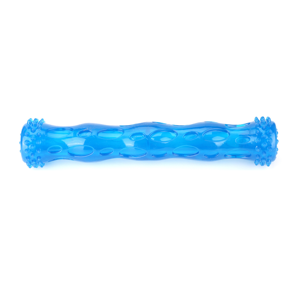 Ein blaues Kauspielzeug mit zylindrischer Form und strukturierter Oberfläche.