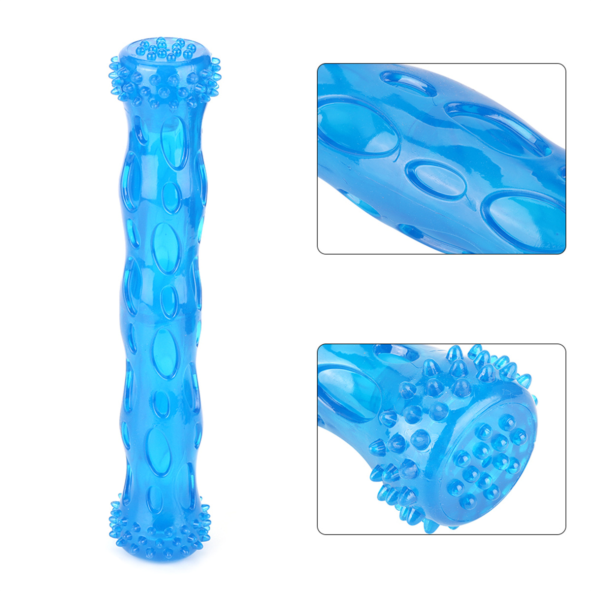 Blaues Hundespielzeug. Zylindrische Form mit Noppen und Rippen. Strukturiert.