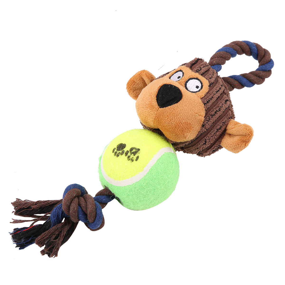 Ein Affenspielzeug mit einem Tennisball und einem Seil auf weißem Hintergrund.