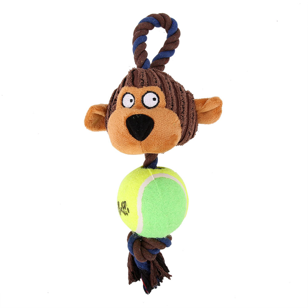Affe Hunde Spielzeug mit einem Tennisball. Braun und tan Affenkopf, schwarze Nase und Augen, Seil und Ball.