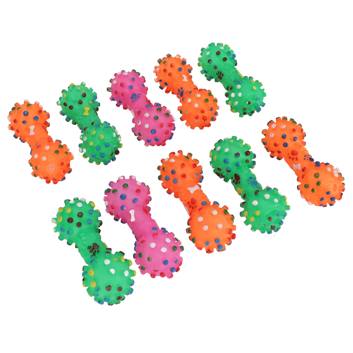Bunte Hundespielzeug-Hanteln. Verschiedene Farben mit unebenen Oberflächen.