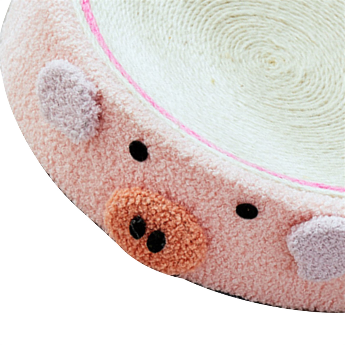 Ein rosa, schweineförmiges Haustierbett. Das Bett hat eine weiße Mitte, rosa Ohren und schwarze Augen.