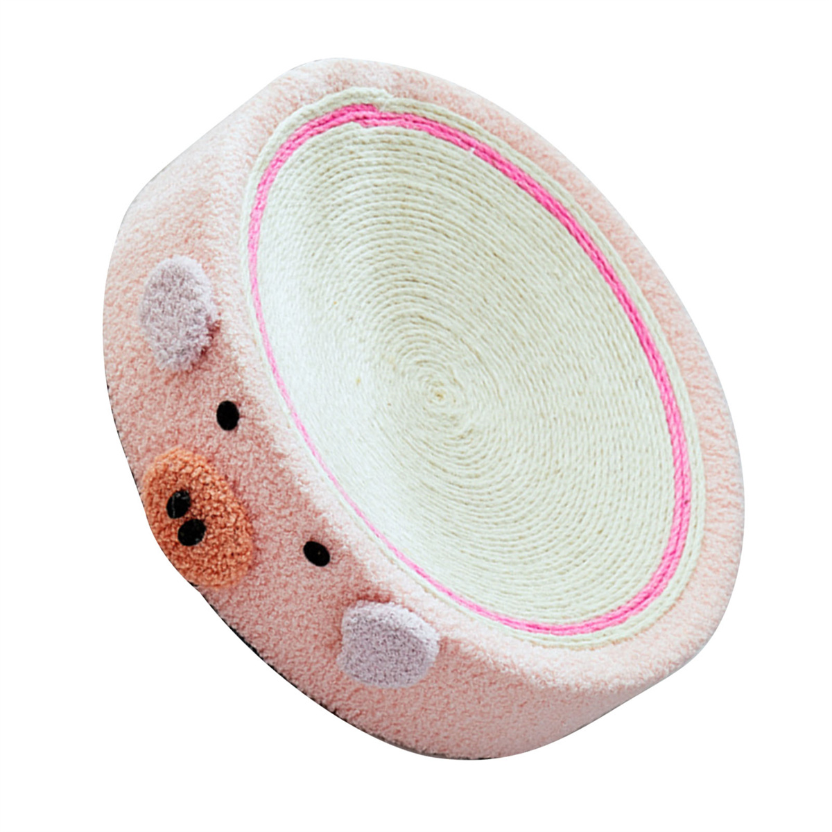 Rosa Katzenbett mit Schweinegesicht. Helle beige zentrale Kratzstelle.