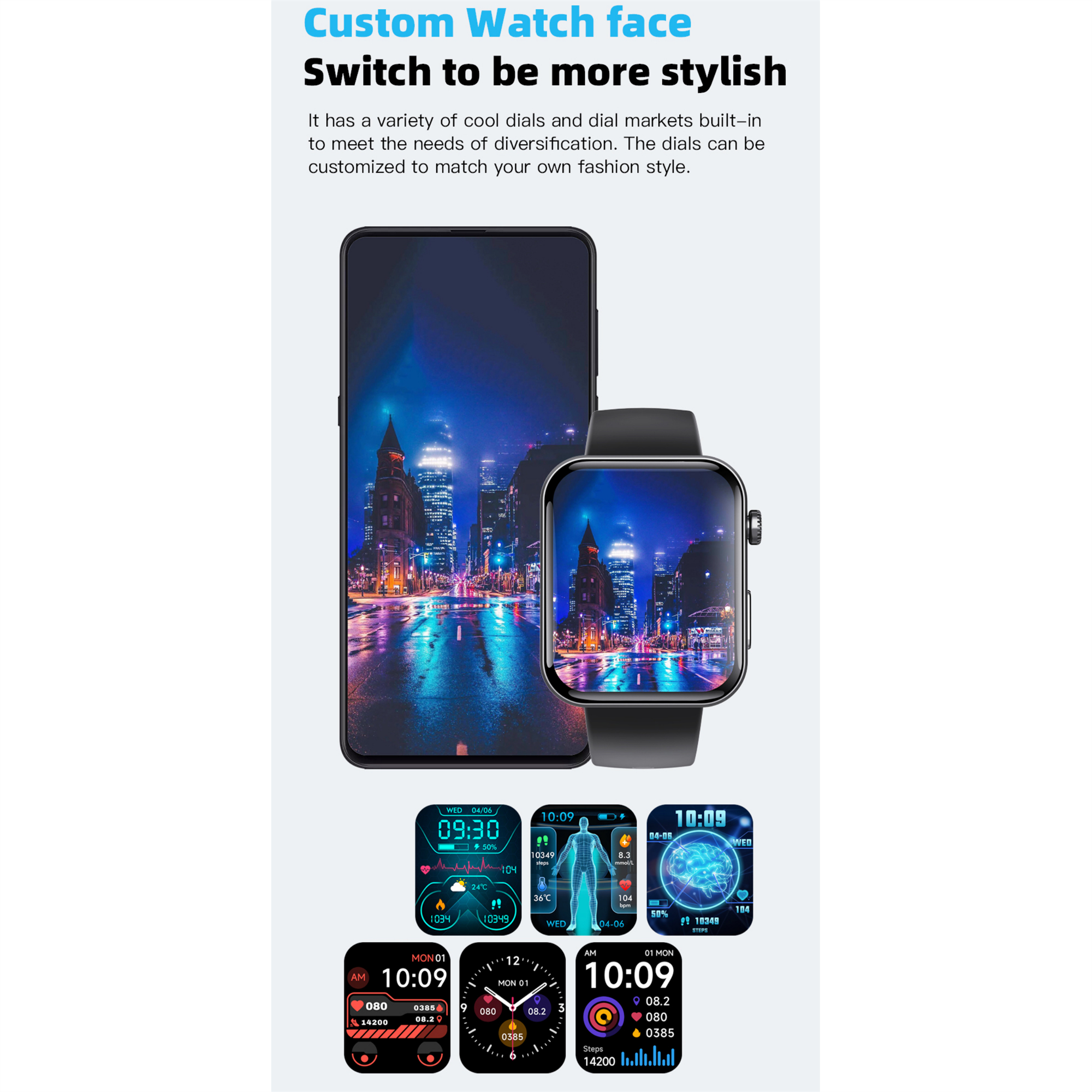 Smartwatch mit verschiedenen anpassbaren Zifferblättern und Smartphone, das eine Stadt bei Nacht zeigt.
