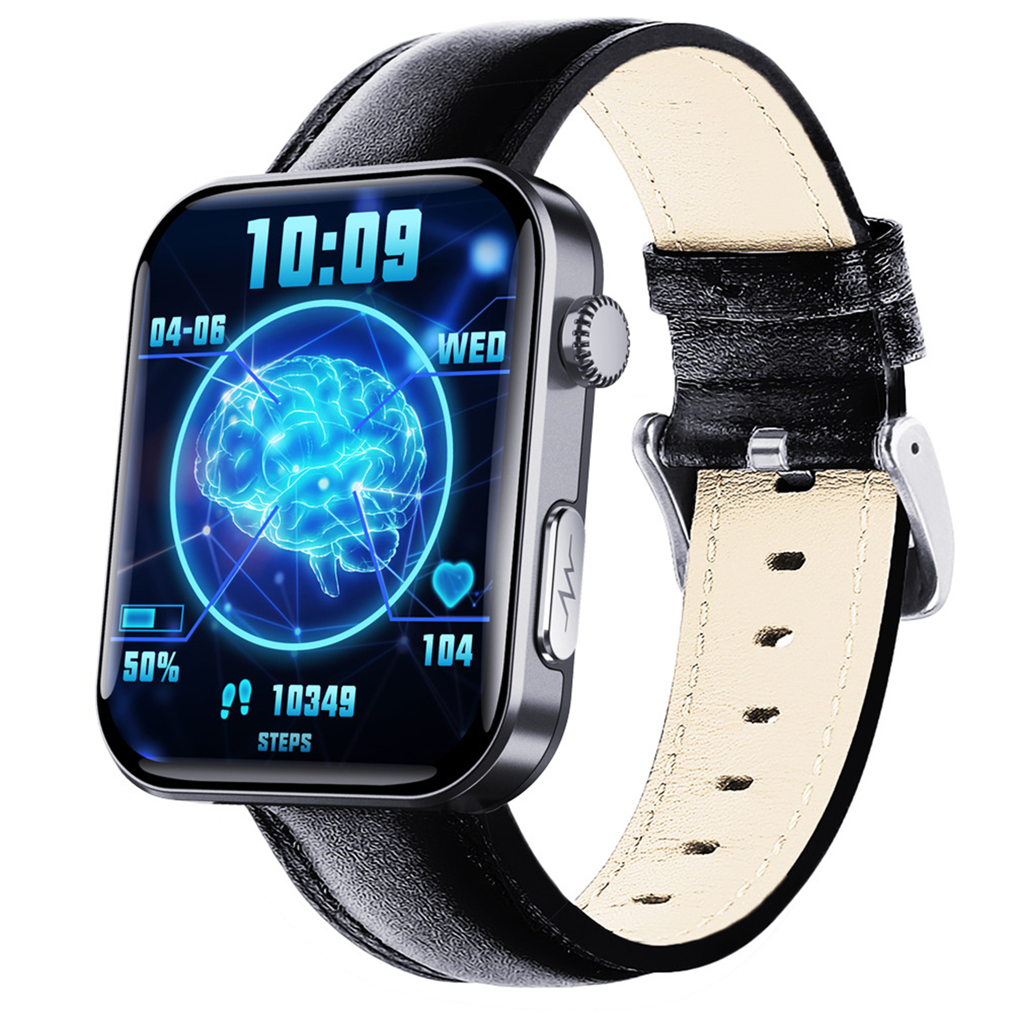 Smartwatch mit schwarzem Lederarmband, das Zeit, Schritte und ein Gehirnbild anzeigt.