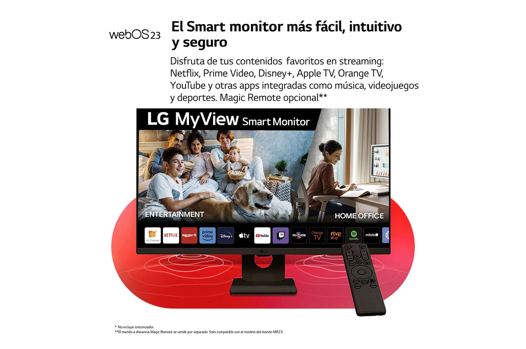 Monitor LG Smart pokazujący rodzinę w salonie, z pilotem i czerwonym designem.