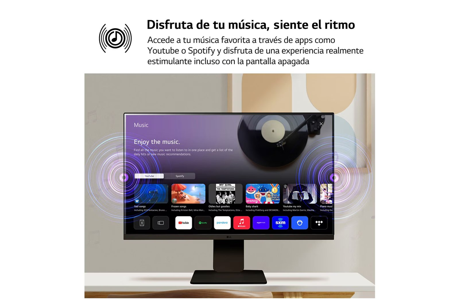 Monitor wyświetla aplikacje muzyczne. Ekran pokazuje YouTube i Spotify. Dwa wykresy fal dźwiękowych emanują z ekranu.