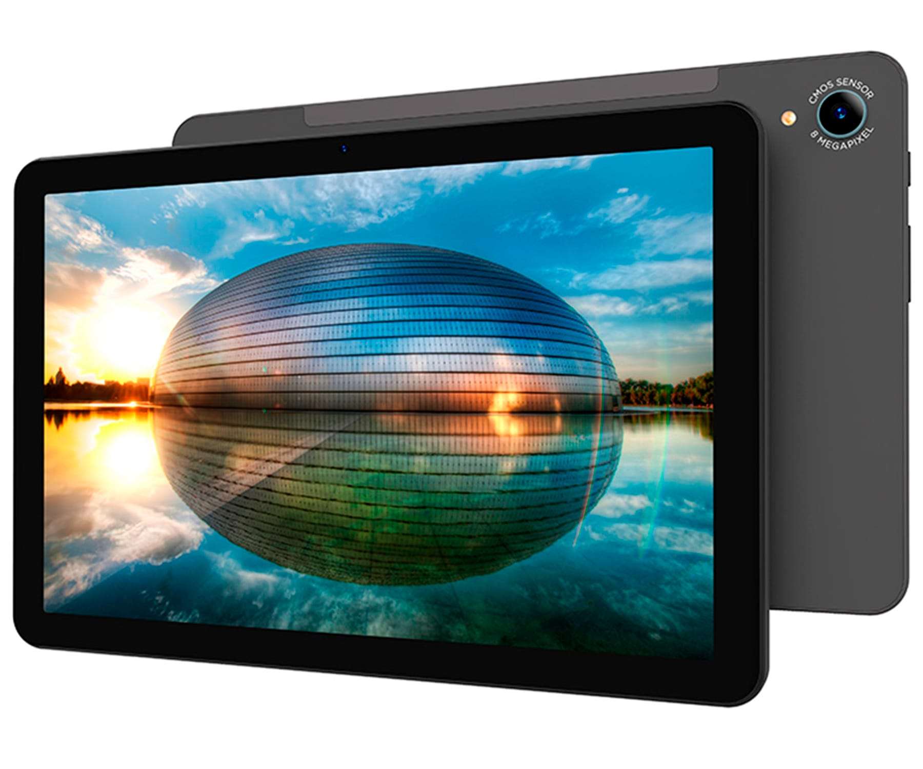 Un tablet nero con display vibrante che mostra un edificio riflesso nell'acqua, con tramonto e cielo.