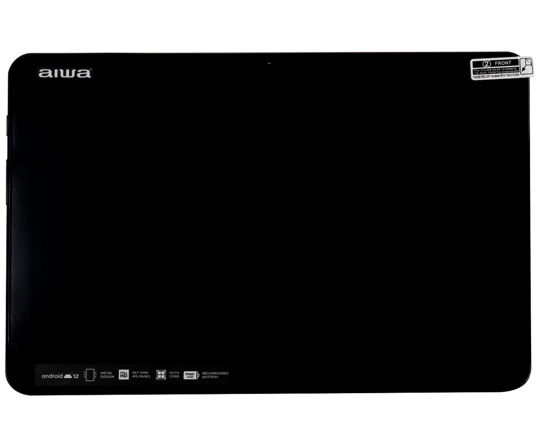 Tablet nero con logo 'aiwa' e Android 12. Etichette informative in basso.