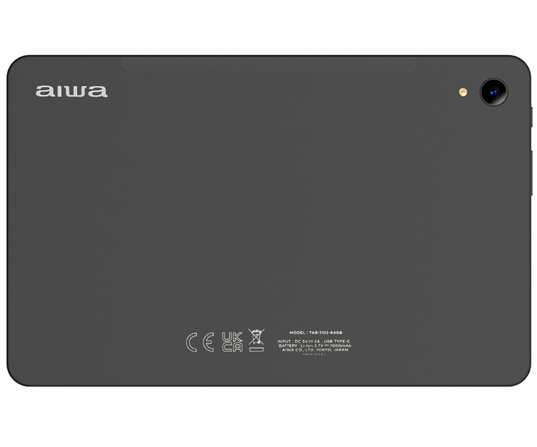 Il retro di un tablet nero con il logo 'aiwa', una fotocamera e marchi di conformità.