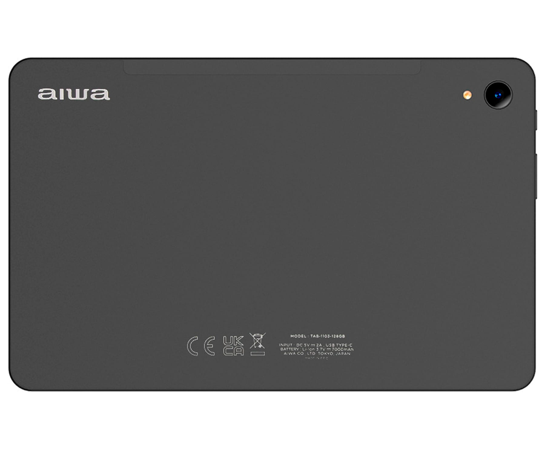 Tablet nero con logo aiwa, fotocamera posteriore e dettagli di input, su sfondo scuro.