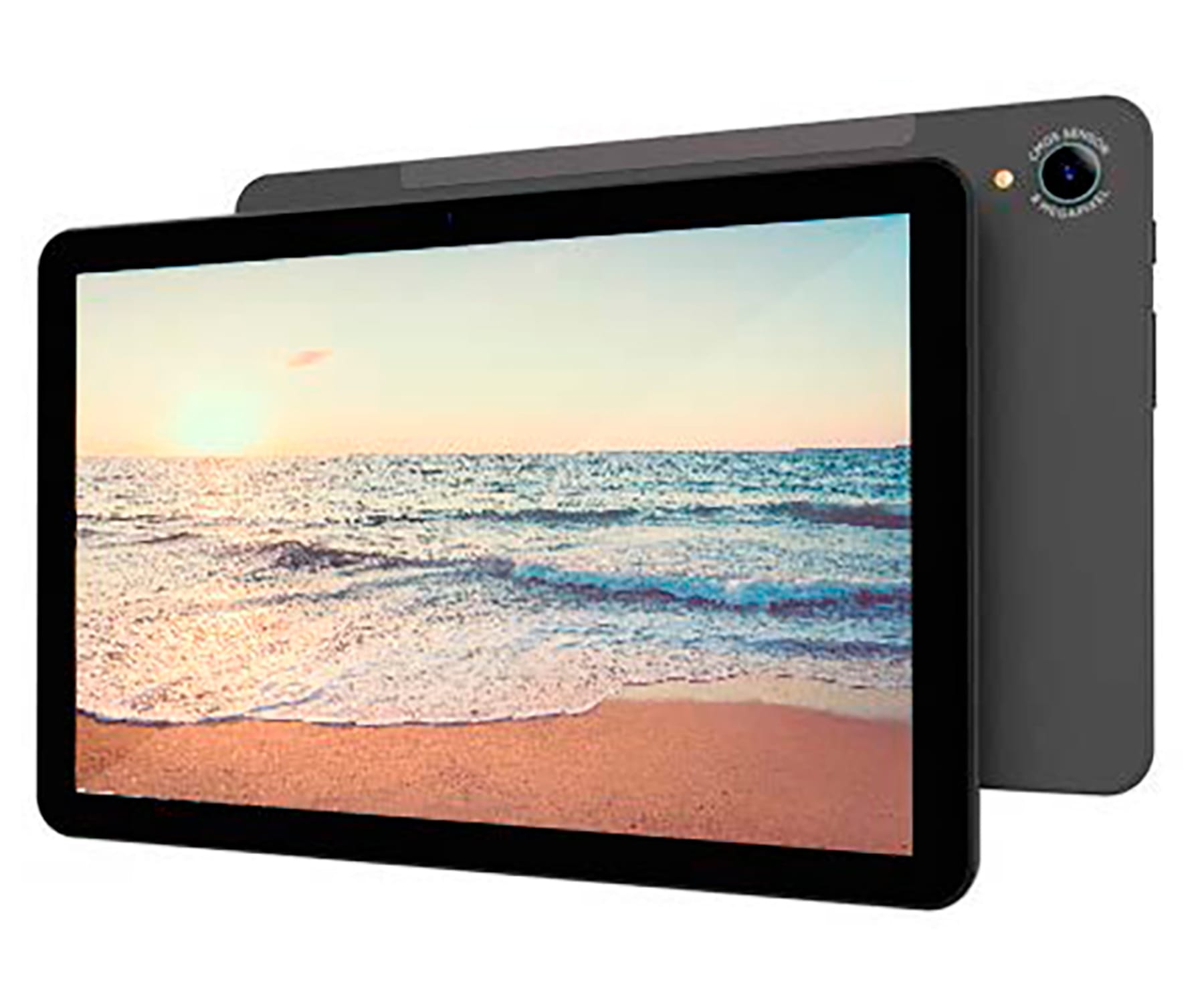 Un tablet grigio mostra una scena sulla spiaggia con un tramonto. Il retro ha una fotocamera e un sensore.