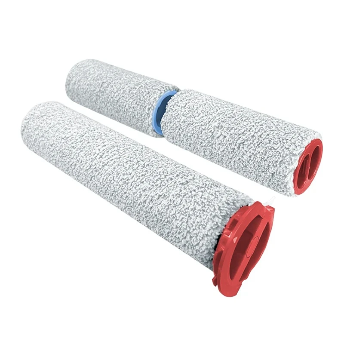 Dwa cylindryczne wałki szczotki do odkurzacza, jeden z czerwonymi końcami, białe i szare włosie.