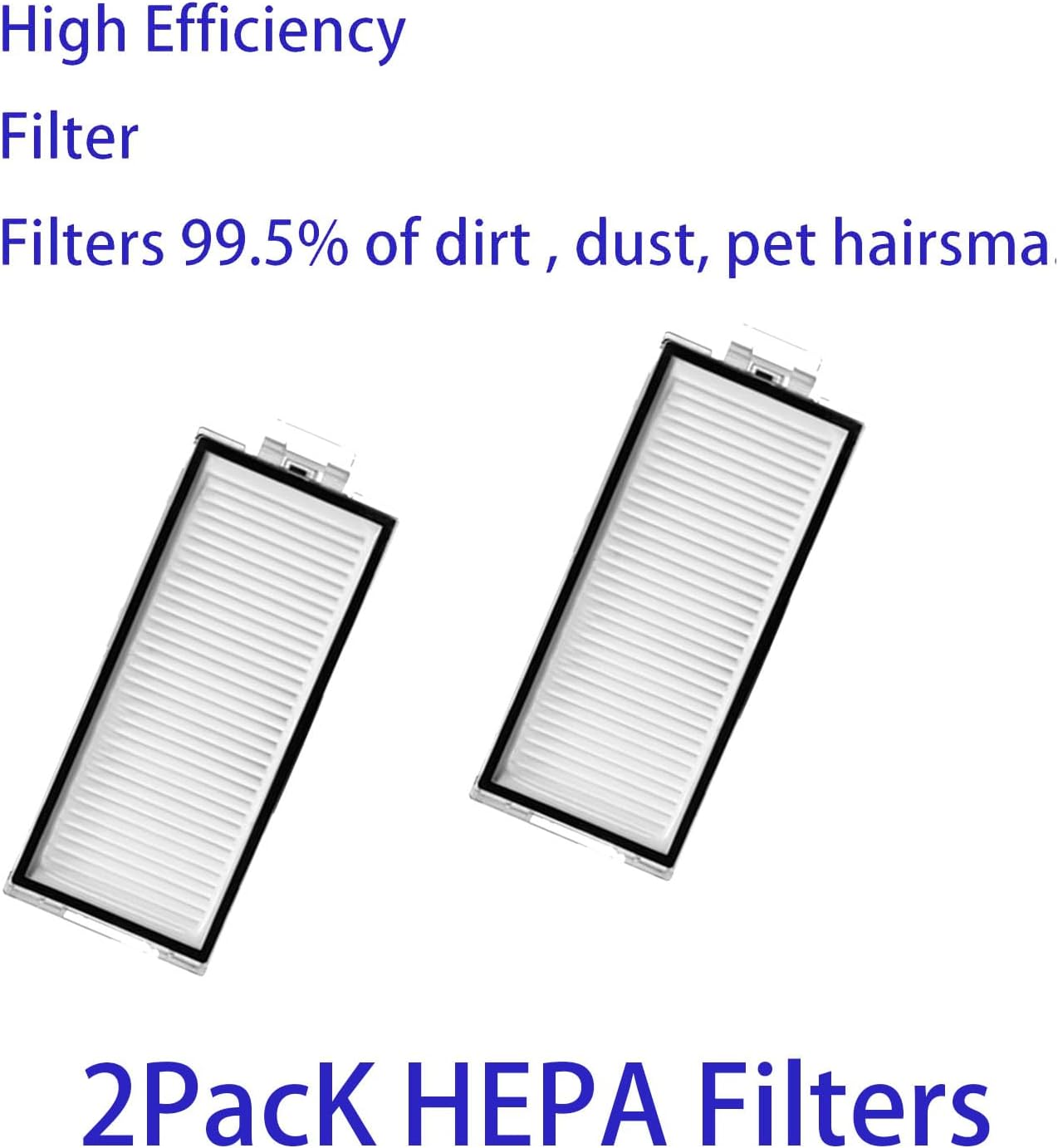 Dwa białe filtry HEPA. Tekst: Filtr wysokiej wydajności, filtruje 99,5% brudu, kurzu, sierści zwierząt.