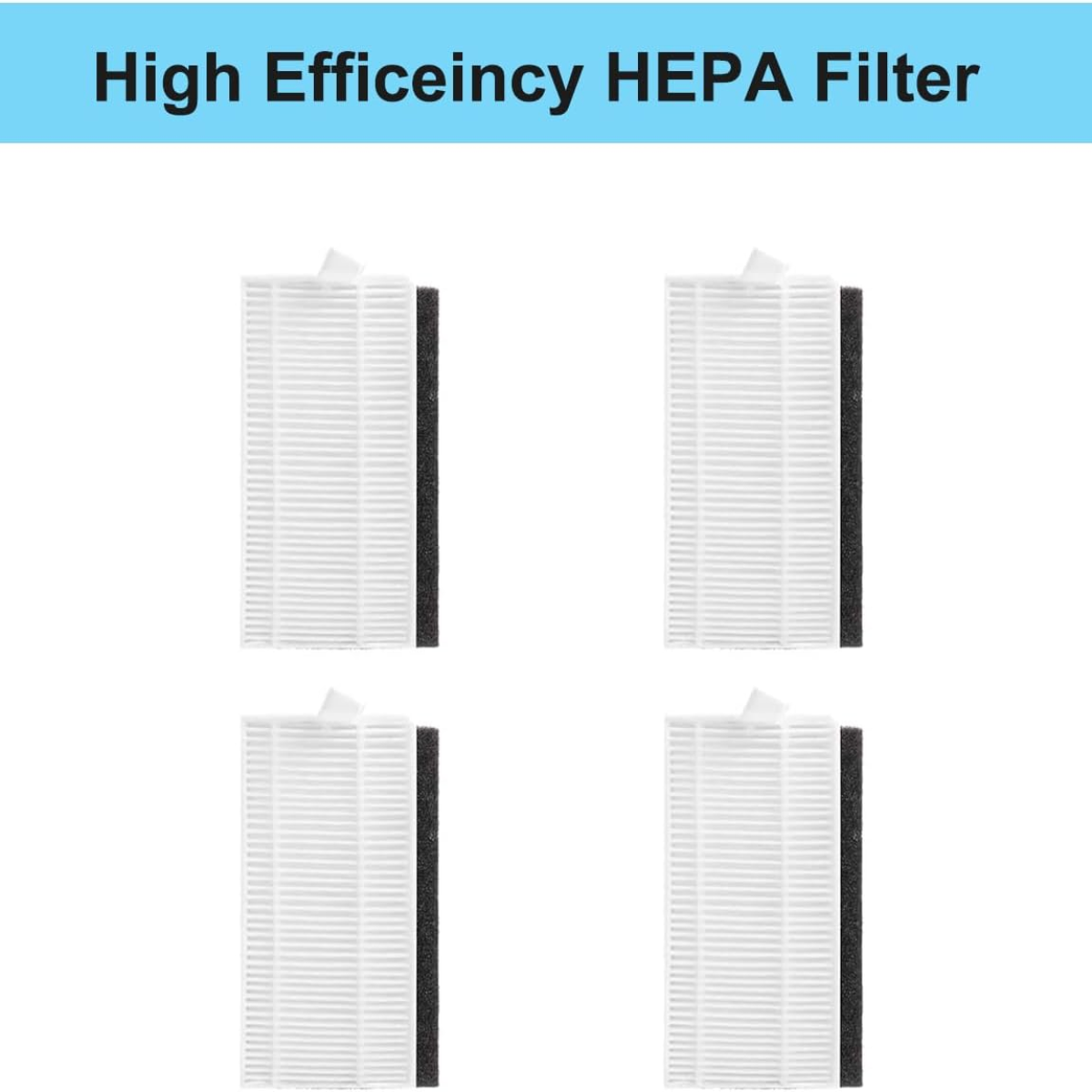 Vier HEPA-Filter. Weiß mit schwarzen Rahmen. Produktname oben.