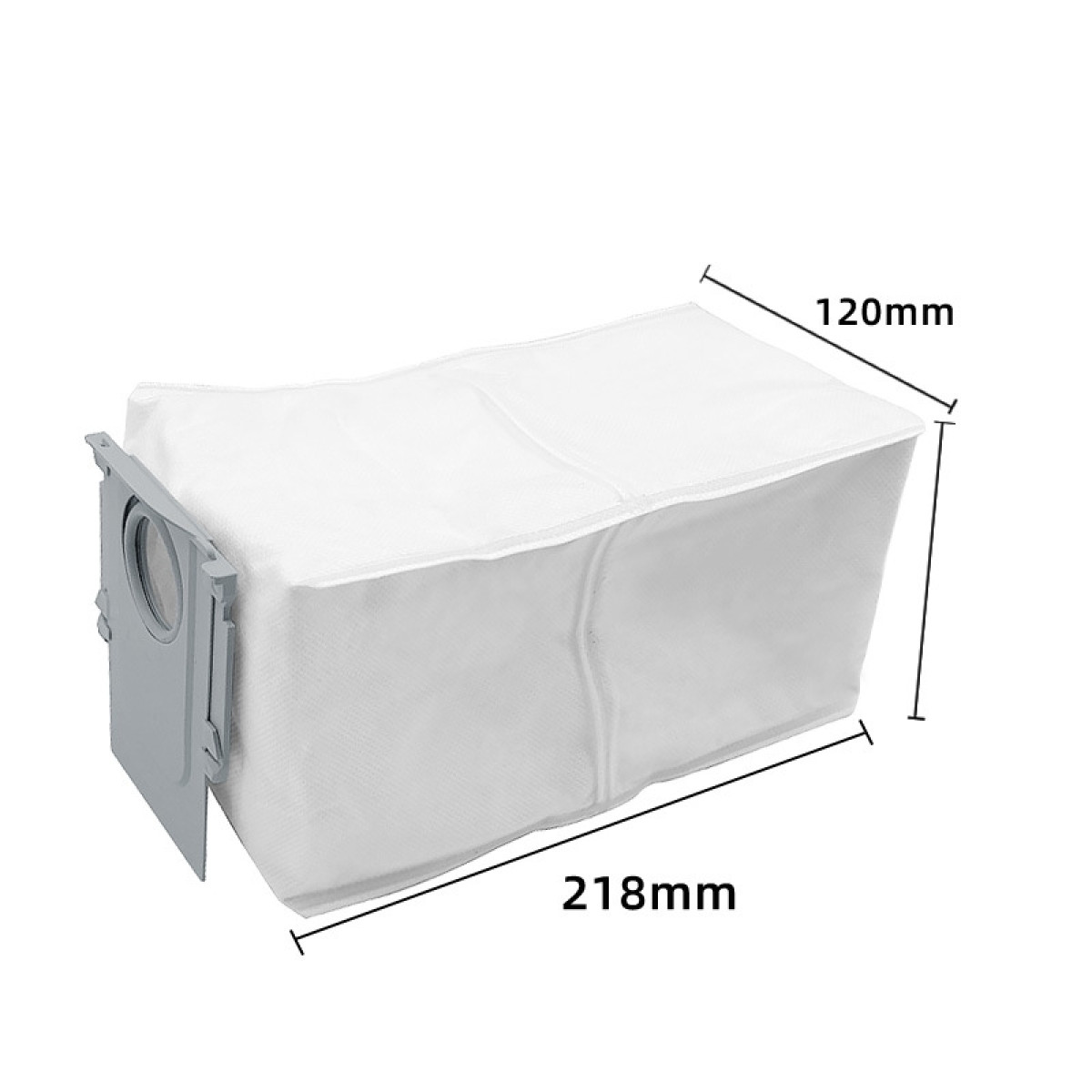 Biały worek do odkurzacza z wymiarami na białym tle.