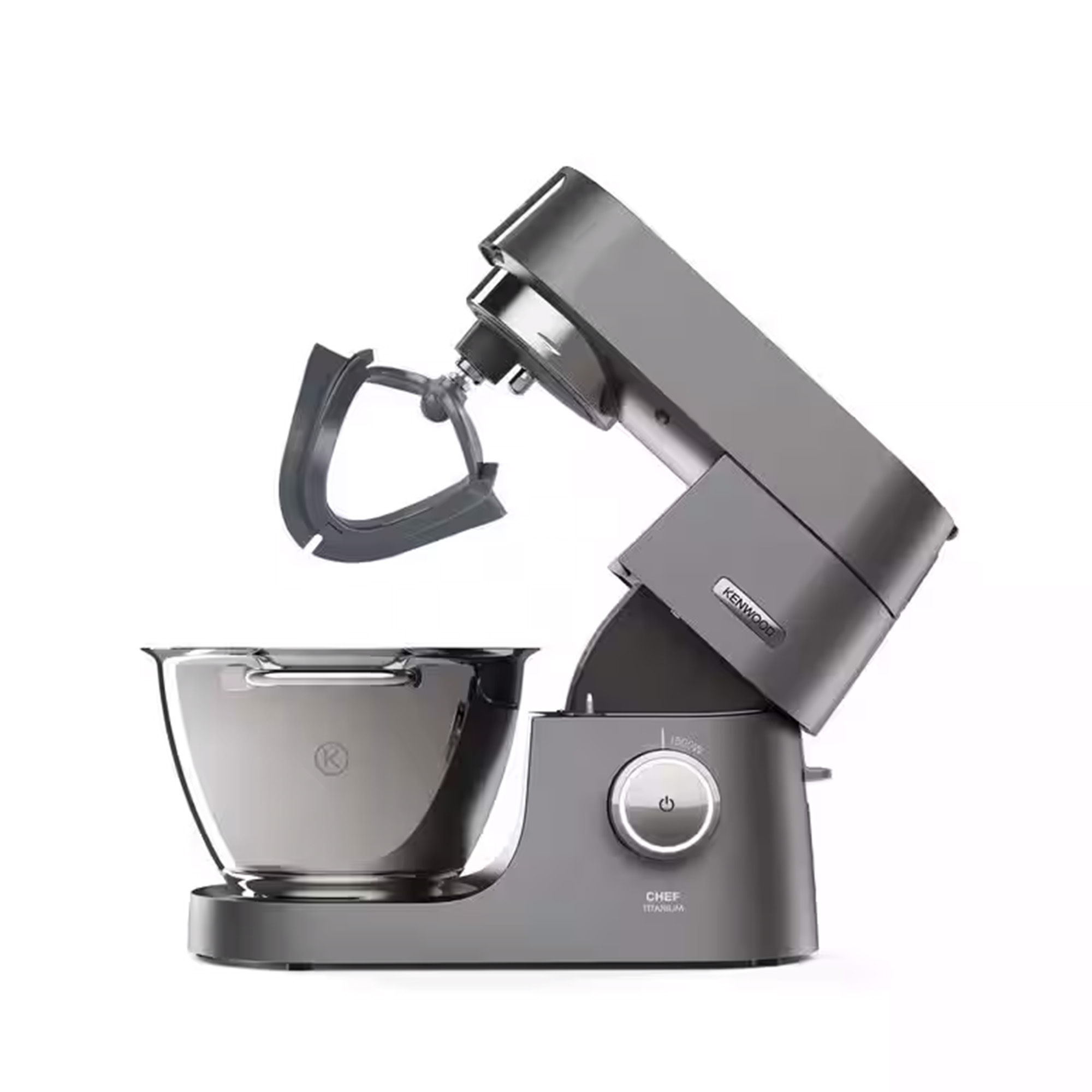 Grauer Kenwood Chef Küchenmixer. Er hat eine große Schüssel und ist geneigt, was den Mixaufsatz zeigt.