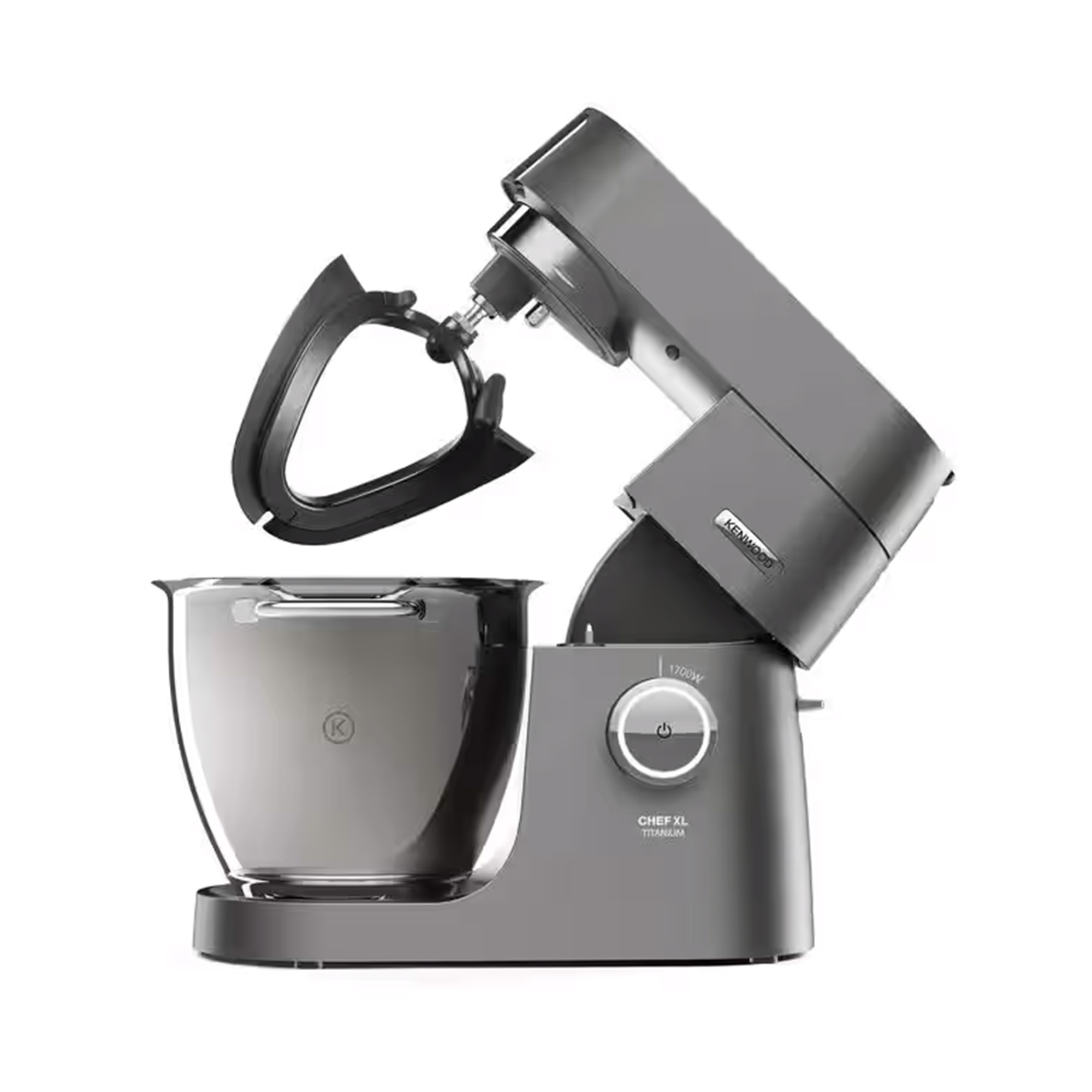 Un mixer da cucina grigio con una ciotola e accessori. È su sfondo bianco. Il marchio è visibile.