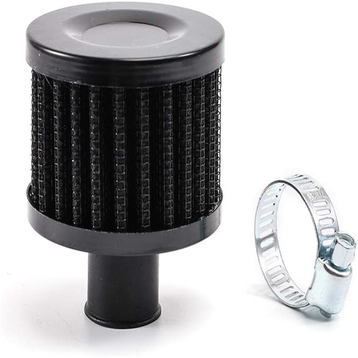 Ein schwarzer Luftfilter mit Metallband und kleinem schwarzem Sockel.