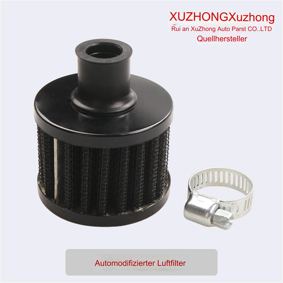 Schwarzer Luftfilter mit Metallklemme. Text: Automodifizierter Luftfilter.