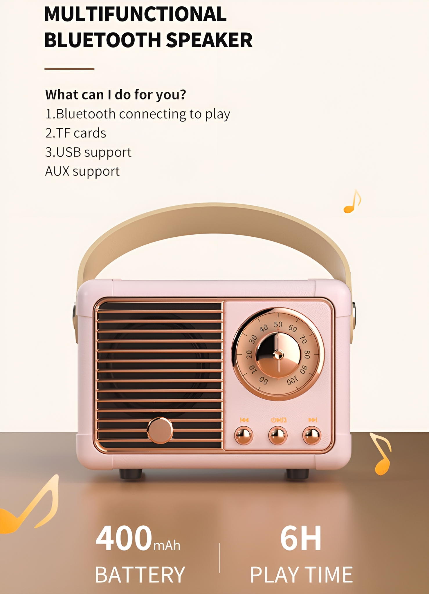 Rosa Bluetooth-Lautsprecher im Retro-Stil. Funktionen: Bluetooth, TF-Karten, USB, AUX, 400 mAh, 6h Spielzeit.