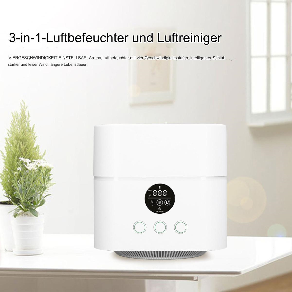 Ein weißer 3-in-1-Luftbefeuchter und -reiniger mit Digitalanzeige und drei Steuertasten.