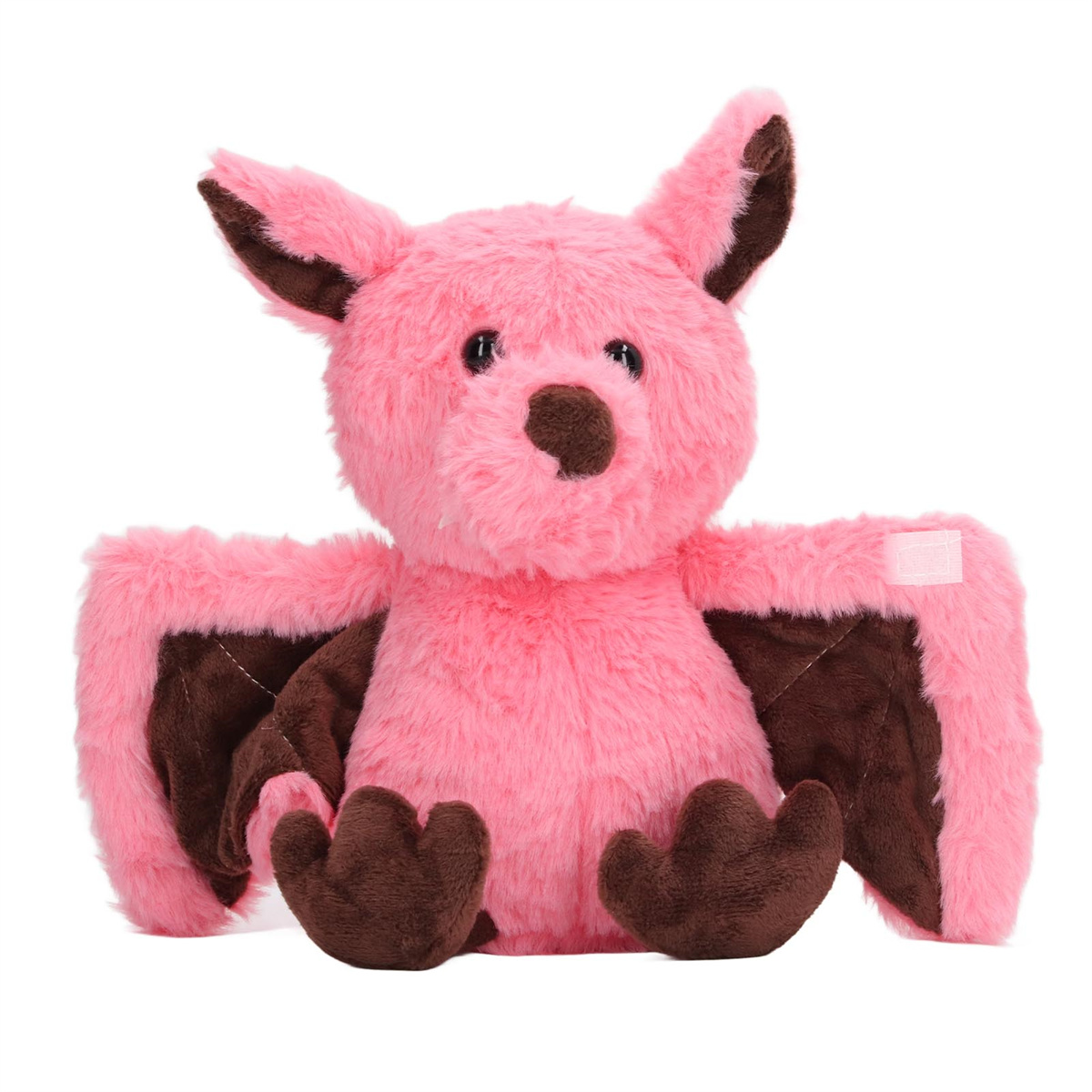 Eine rosa Plüschfledermaus mit braunen Flügeln und Füßen. Sie hat große Ohren und ein kleines Gesicht.