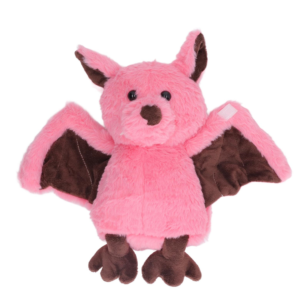 Rosa Plüschfledermaus mit braunen Flügeln und Ohren. Es hat Augen und ist auf weißem Hintergrund.