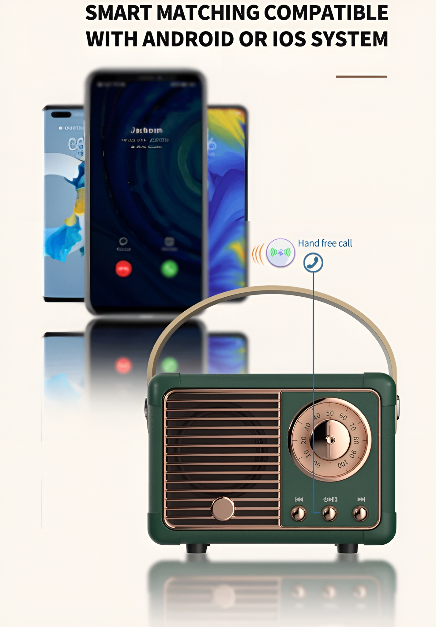 Grünes Radio im Retro-Stil mit Griff und drei Smartphones im Hintergrund.