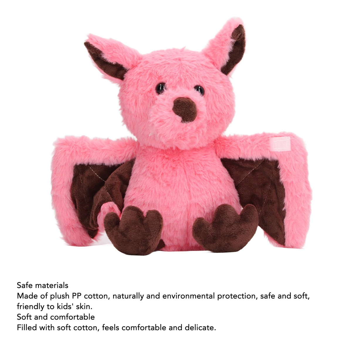 Ein rosa Fledermaus-Plüschtier mit braunen Flügeln und Ohren. Text auf dem Bild beschreibt das Material.