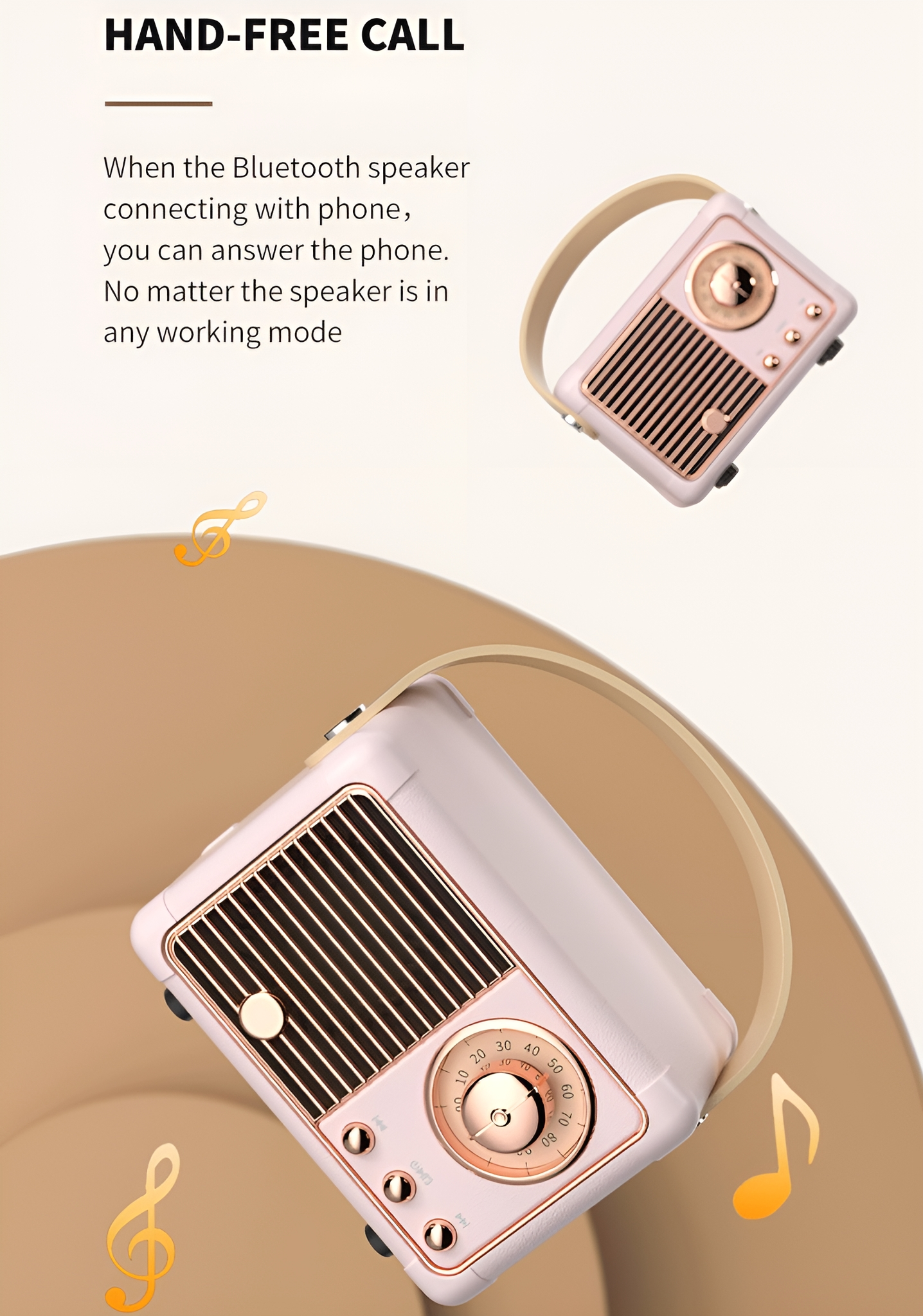 Rosa Retro-Radio mit goldenen Akzenten. Zwei Radios, eines in Gebrauch und zwei Noten.