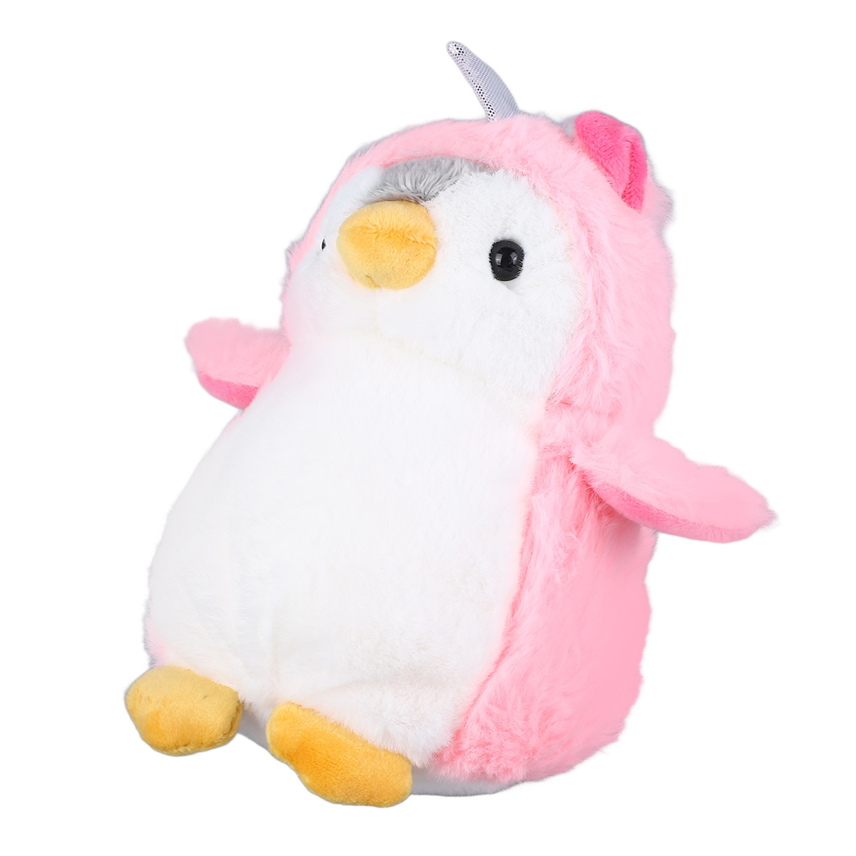 Ein rosa Pinguin-Plüschtier mit rosa Einhorn-Kapuzenpullover, weißem Bauch, isoliert auf Weiß.