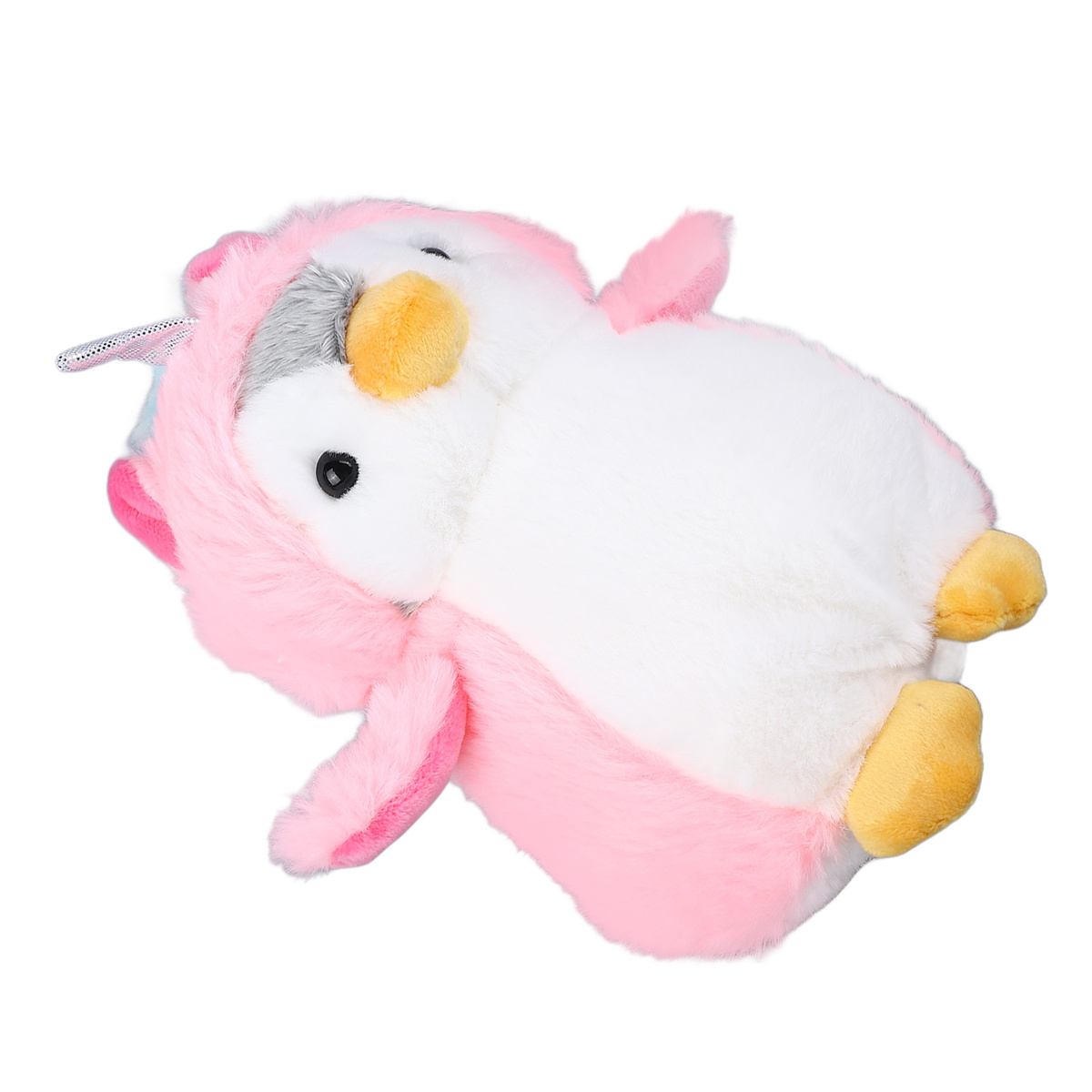 Ein rosa Pinguin-Plüschtier mit einem Einhorn-Kapuzenpullover. Es hat gelbe Füße und einen weißen Bauch.